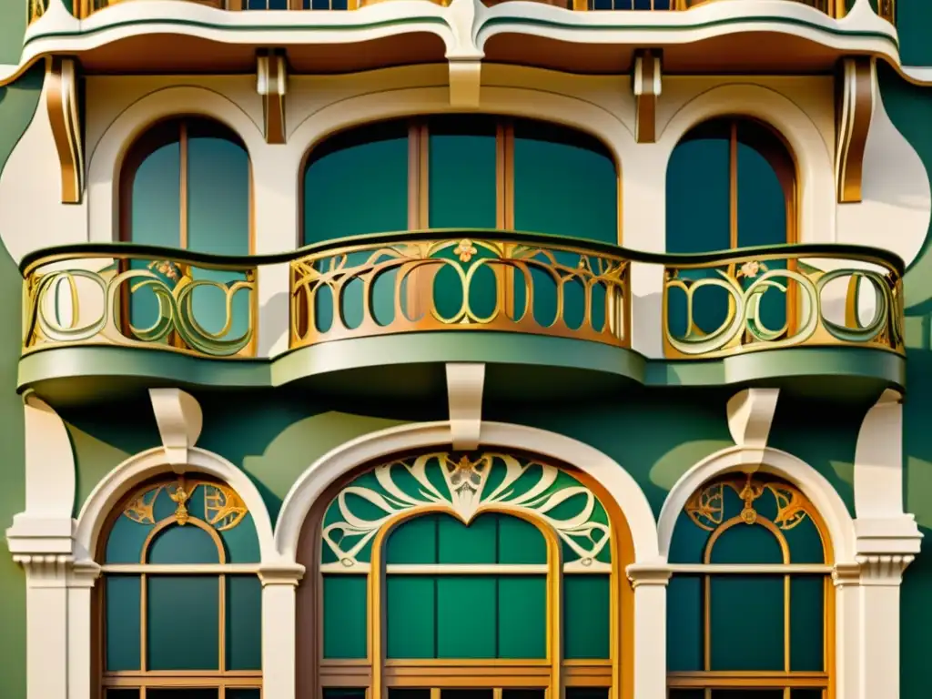 Arquitectura Art Nouveau siglo XXI: Fachada de edificio vintage con líneas sinuosas, motivos florales y elementos decorativos en tonos ricos y cálidos