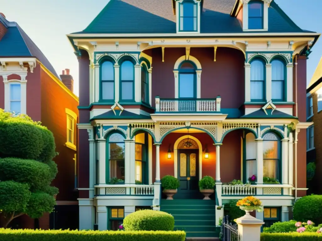 Invertir en arquitectura de época: Fotografía vintage de una elegante casa victoriana con detalles ornamentales y jardín floral