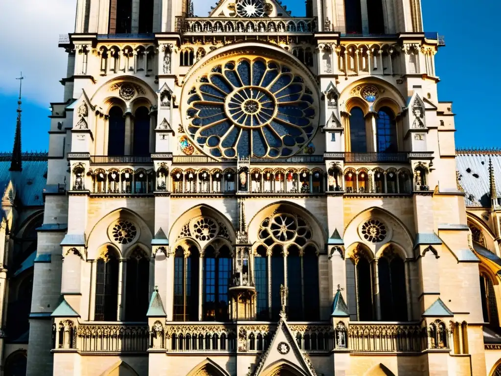 Arquitectura gótica en Francia: Detalle exquisito de la Catedral de NotreDame en París, con impresionantes vidrieras y esculturas ornamentadas