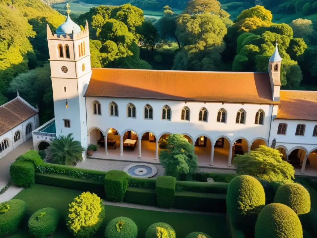 Arquitectura histórica de monasterios convertidos en lujosos hoteles, bañados por la cálida luz del atardecer y rodeados de exuberante vegetación