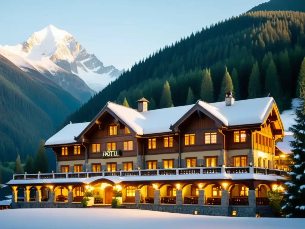 Arquitectura de hoteles de montaña: Hotel majestuoso entre picos nevados y pinos, bañado por la cálida luz dorada del atardecer