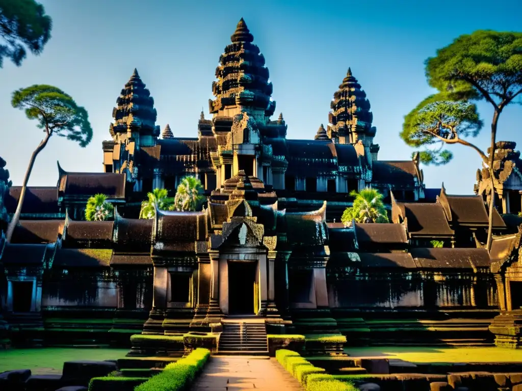 Arquitectura del Imperio Khmer en Angkor Wat: Detalles tallados en piedra y majestuosas torres capturados con luz dorada al atardecer