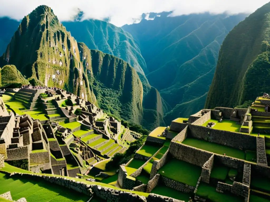 Arquitectura Inca en Machu Picchu: detallada y majestuosa, entre montañas andinas neblinosas, evocando misterio y grandeza histórica