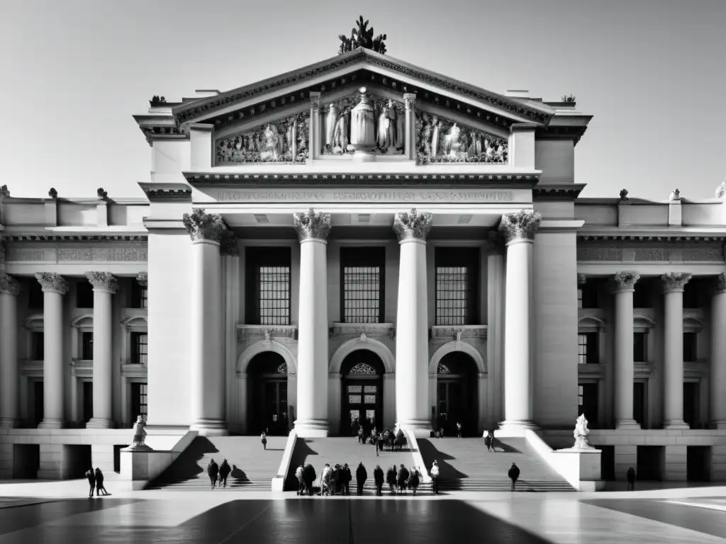 Arquitectura inclusiva a través de la historia: Majestuoso edificio con rampa accesible y personas diversas, uniendo pasados y presentes