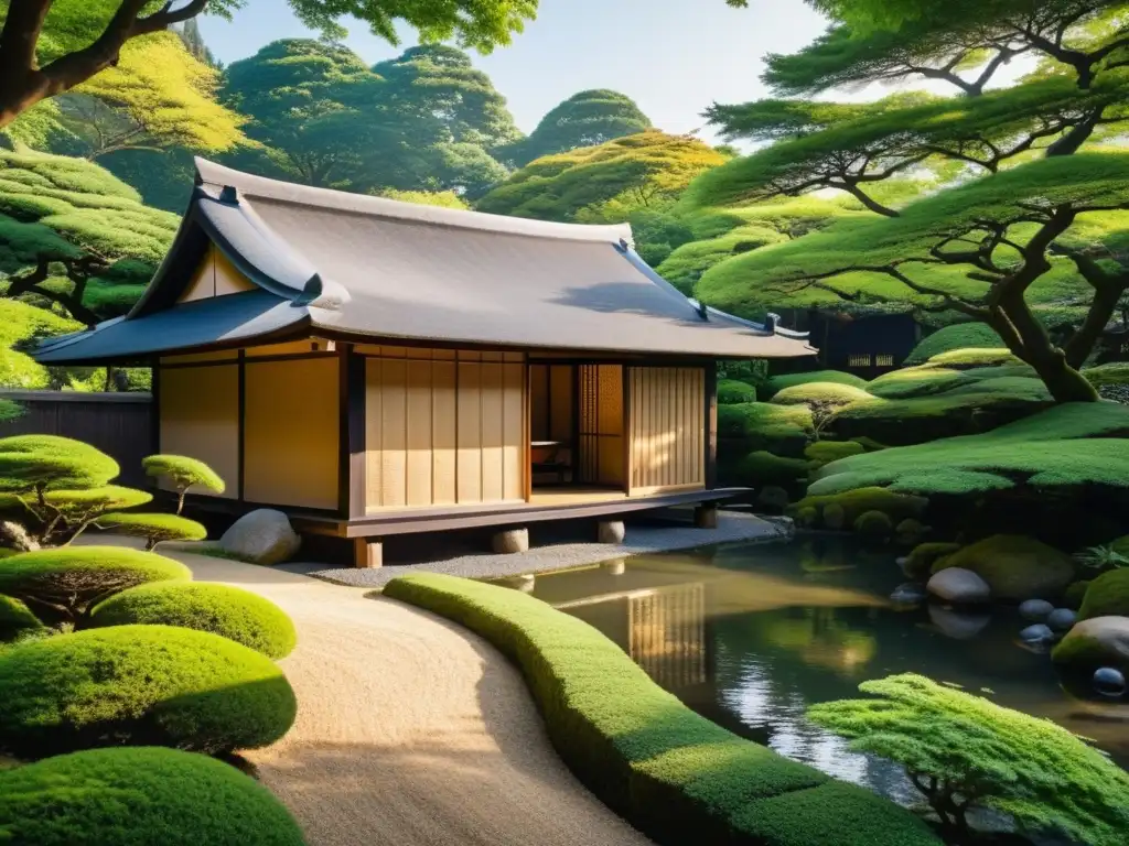 WabiSabi en la arquitectura japonesa: Un refugio tranquilo en un jardín sereno con casa de té tradicional y techo de paja asimétrico