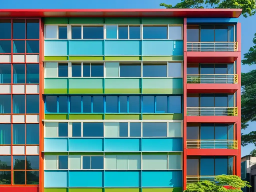 Arquitectura moderna asiática con fachada colorida y sostenible, integrando diseño moderno, colores vibrantes y naturaleza exuberante