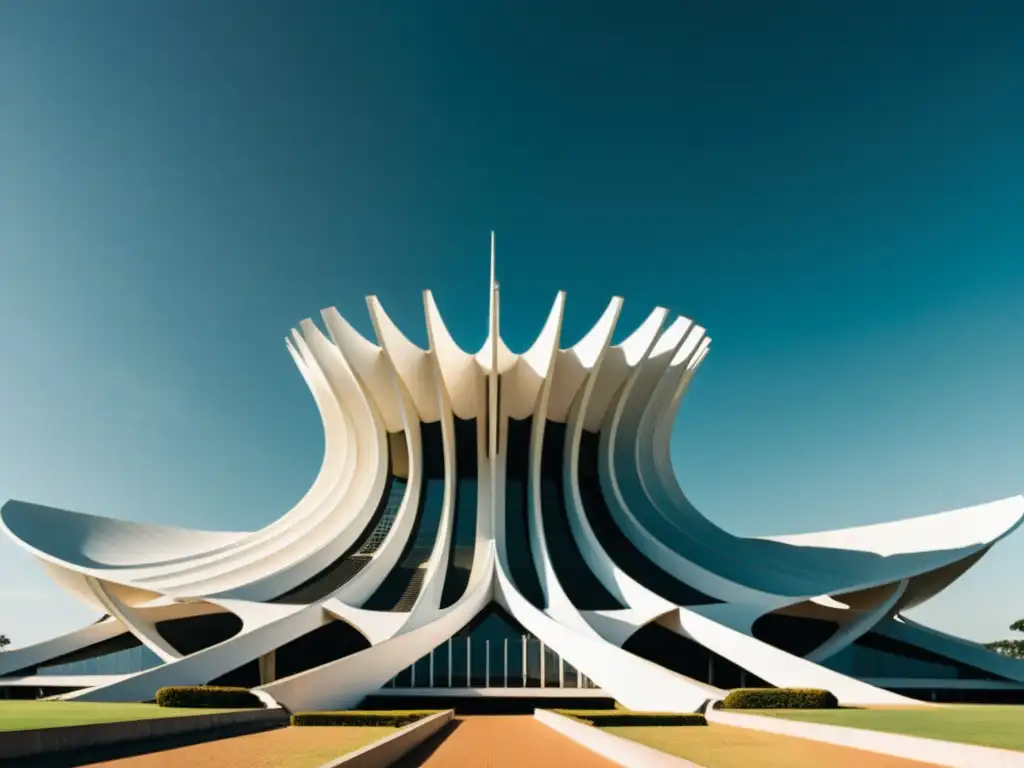 Arquitectura moderna en Brasilia: Fotografía en blanco y negro de edificios modernistas destacando líneas, patrones y la fusión con la naturaleza