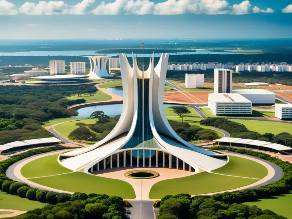 La fotografía sepia muestra la arquitectura moderna en Brasilia, con su diseño utópico y elegancia atemporal