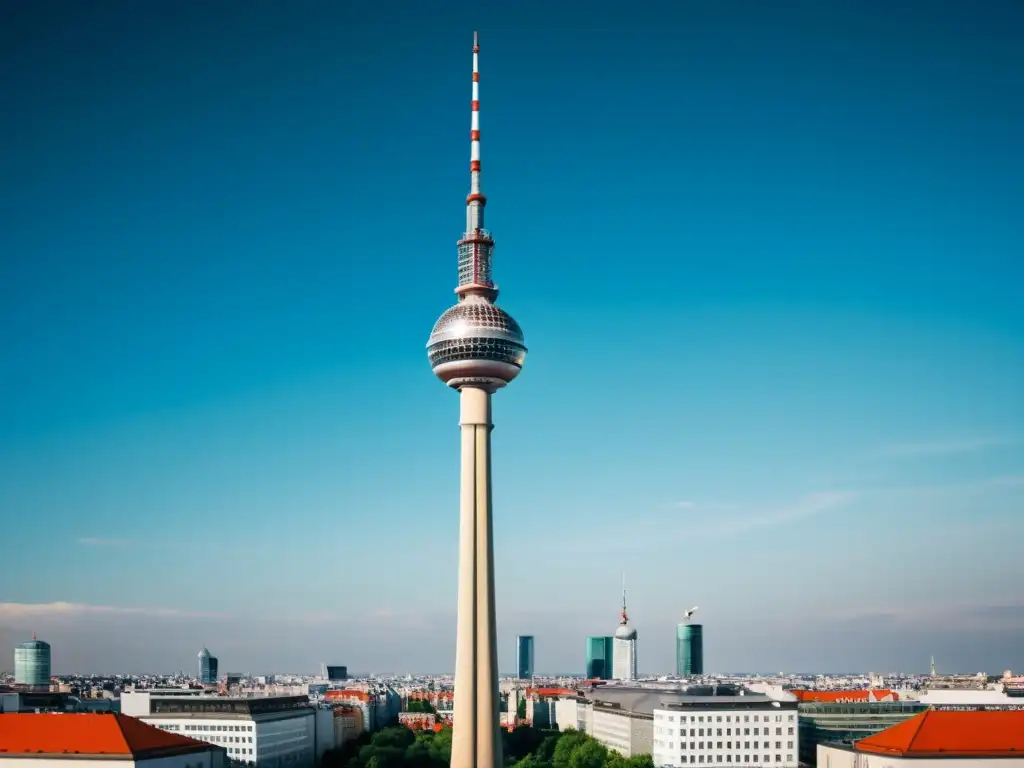 La icónica Torre de TV de Berlín se alza sobre la arquitectura modernista de la ciudad, evocando la historia y la innovación urbana