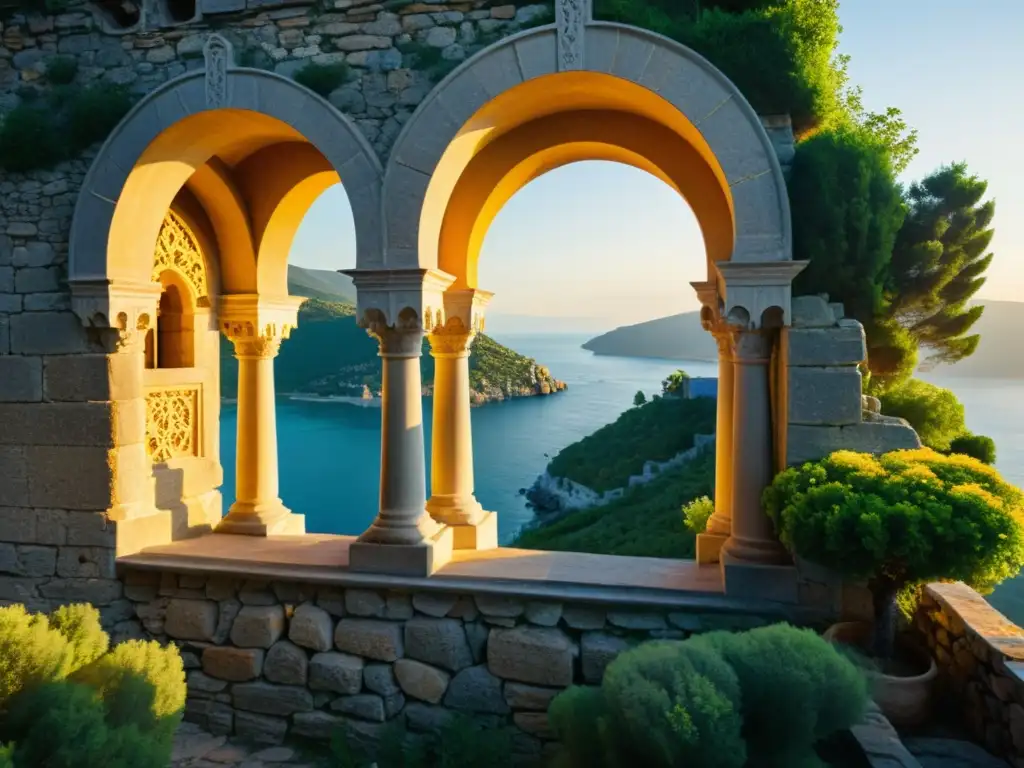 Arquitectura de Monte Athos: Antigua construcción monástica en los acantilados, bañada por la cálida luz del atardecer y rodeada de naturaleza serena