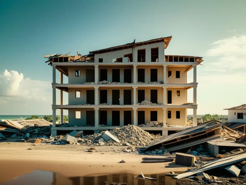 Arquitectura postdesastres naturales: Edificio resistente destaca entre la destrucción, evocando historia y resiliencia