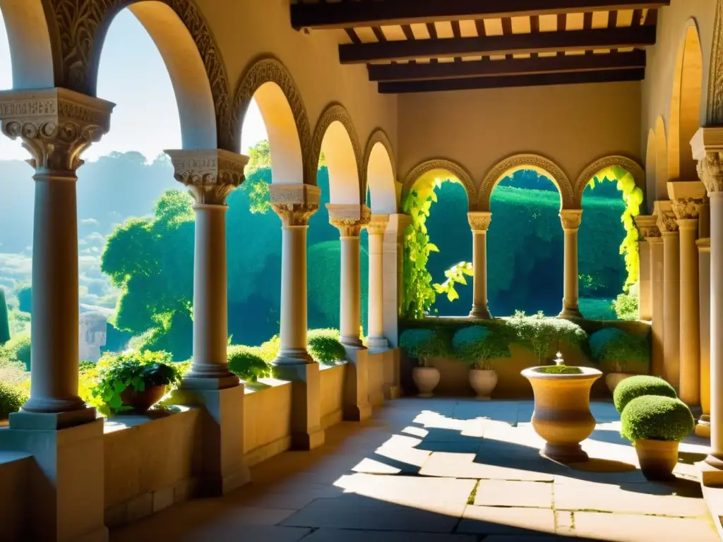 Arquitectura religiosa: claustro histórico iluminado por el sol, con columnas, arcos y detalles tallados, rodeado de plantas y enredaderas