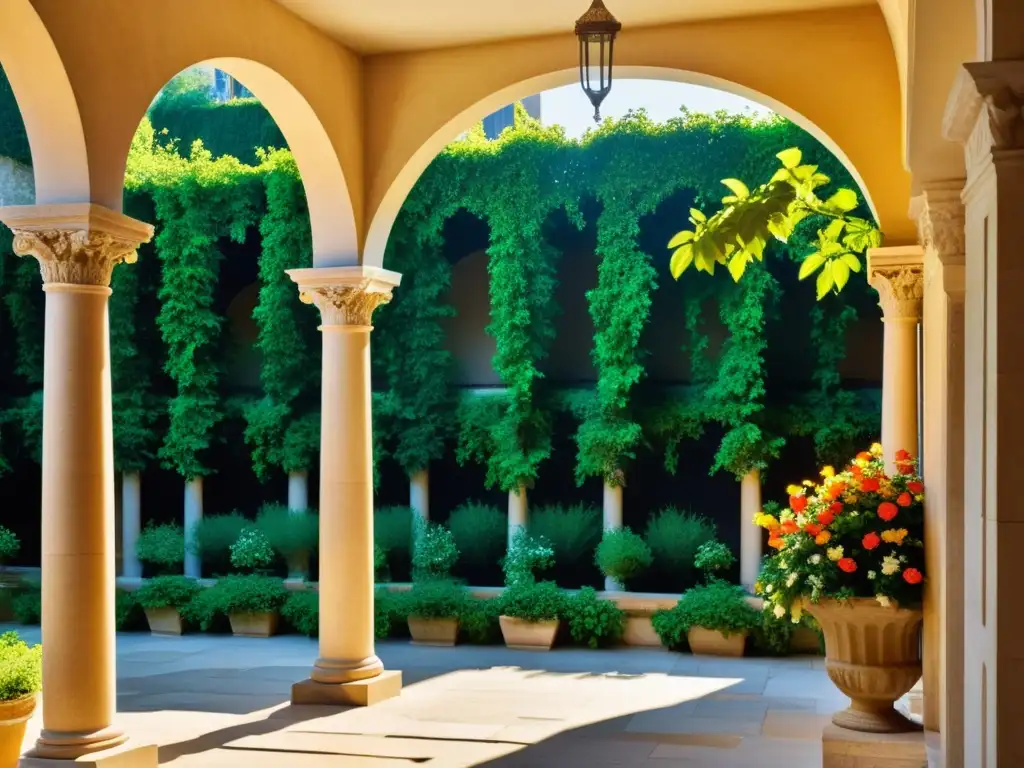 Arquitectura renacentista: patio con columnas de mármol, arcos y vegetación exuberante, bañado por la luz del sol