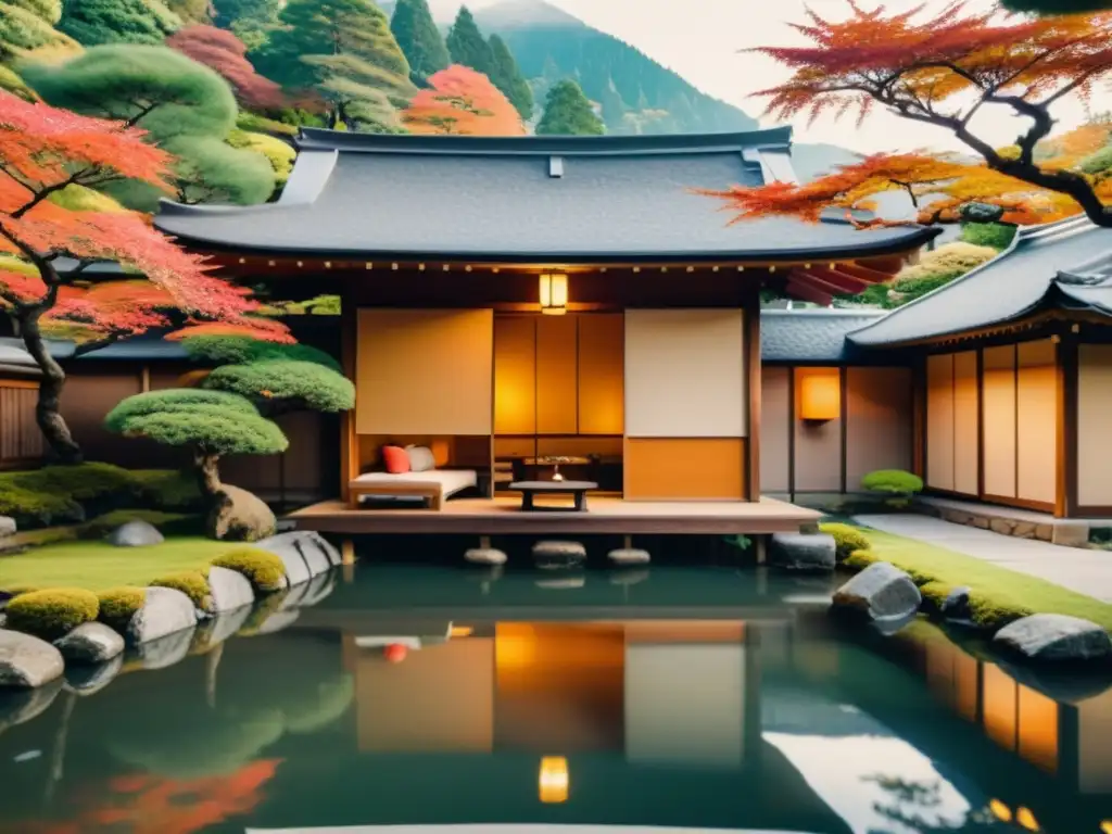 Ryokan japonés en paisaje montañoso: serenidad y tradición Arquitectura de ryokan tradicionales japoneses en un paisaje sereno de montaña con jardín y estanque de koi en otoño