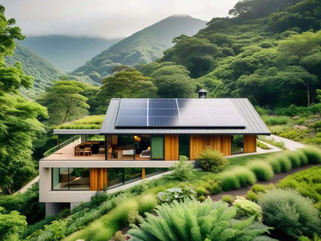 Arquitectura sostenible adaptada al clima: Edificio moderno entre vegetación exuberante, integrado con armonía en el entorno natural