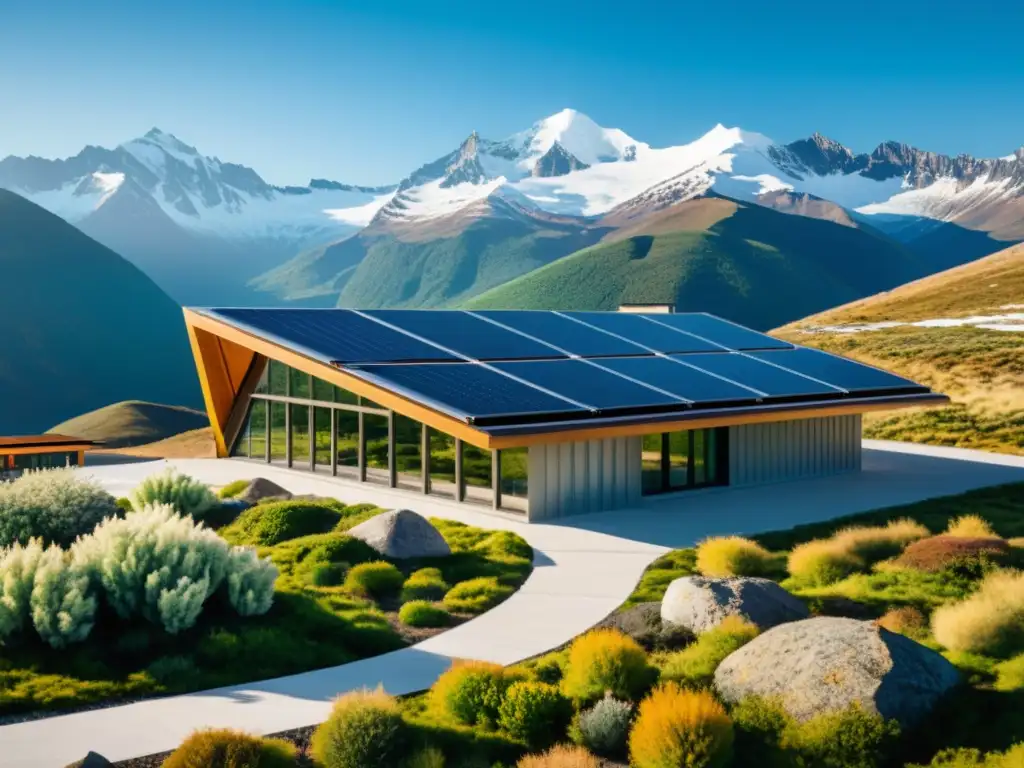 Arquitectura sostenible en clima extremo: Edificio innovador con energía solar, tejados verdes y turbinas eólicas, en un paisaje extremo y montañoso