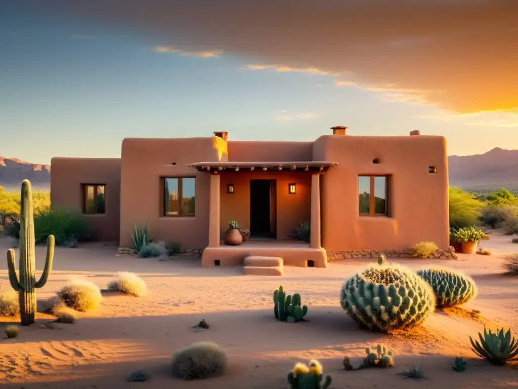 Arquitectura sostenible en clima extremo: casa de adobe en el desierto al atardecer, con cálida luz y plantas autóctonas