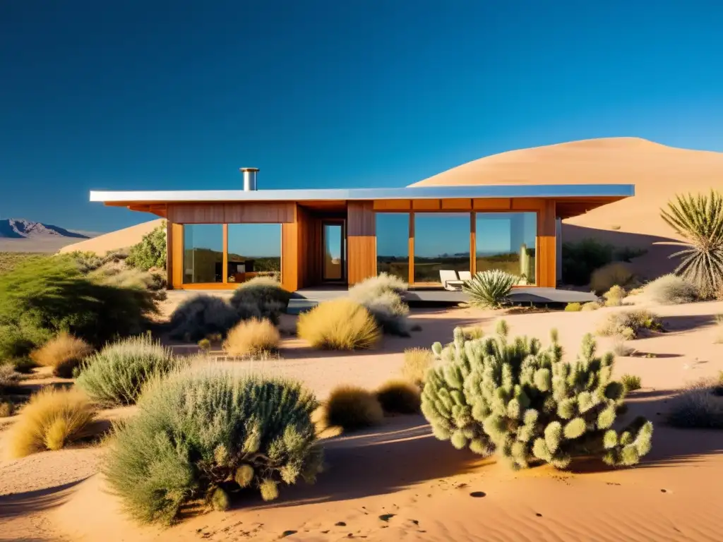 Arquitectura sostenible en climas áridos: Casa moderna en el desierto rodeada de dunas doradas y jardín oasis con energía solar