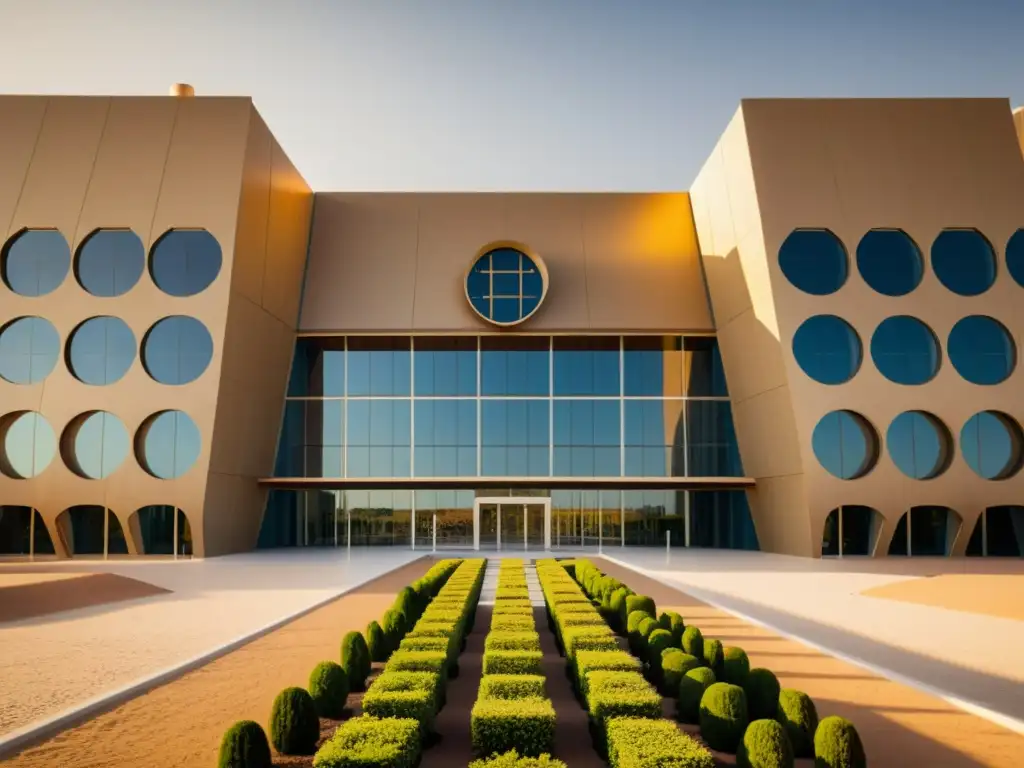 Arquitectura sostenible en Masdar Institute: Detalles vintage de diseño e innovación en el edificio, resaltando su integración con el entorno natural