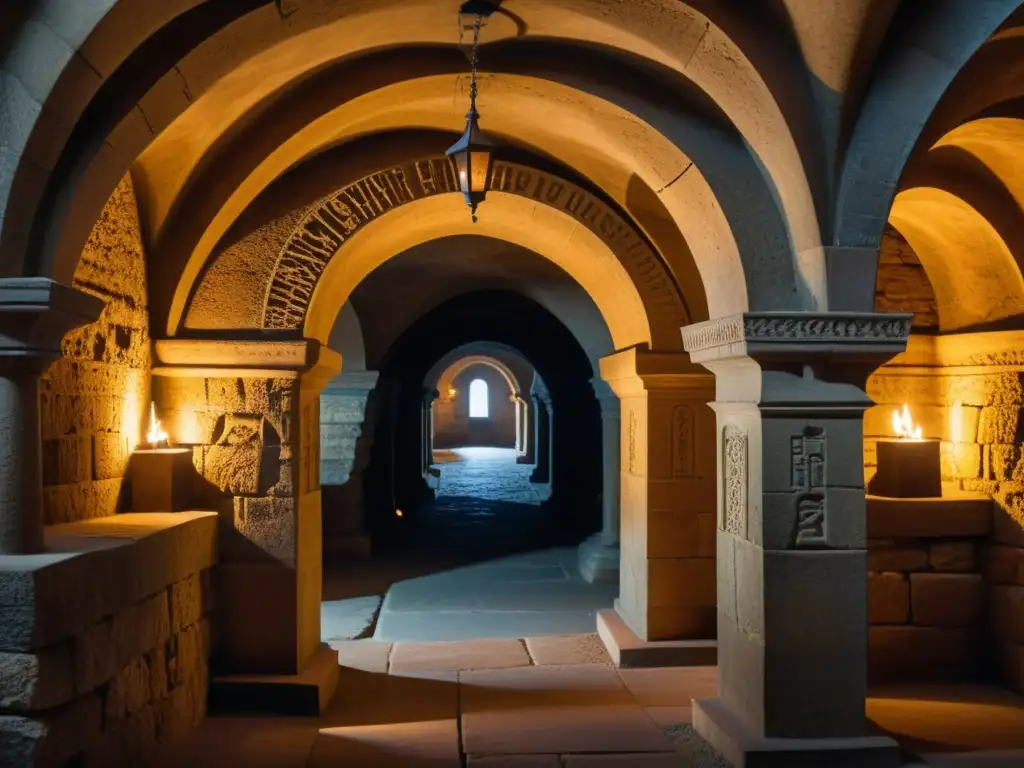 Arquitectura subterránea en la era medieval: Cripta subterránea iluminada con antorchas, arcos de piedra y tumbas ornamentadas, evocando misterio y historia