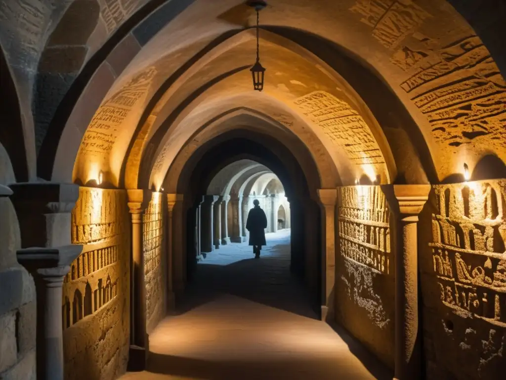 Arquitectura subterránea en la era medieval: Cripta medieval con arcos de piedra, murales antiguos y antorchas creando sombras misteriosas