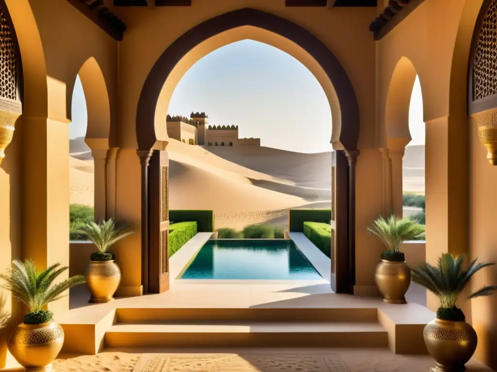 Arquitectura tradicional en Qasr Al Sarab: detalle de la ornamentada belleza del desierto, con arcos, puertas de madera y ventanas de celosía