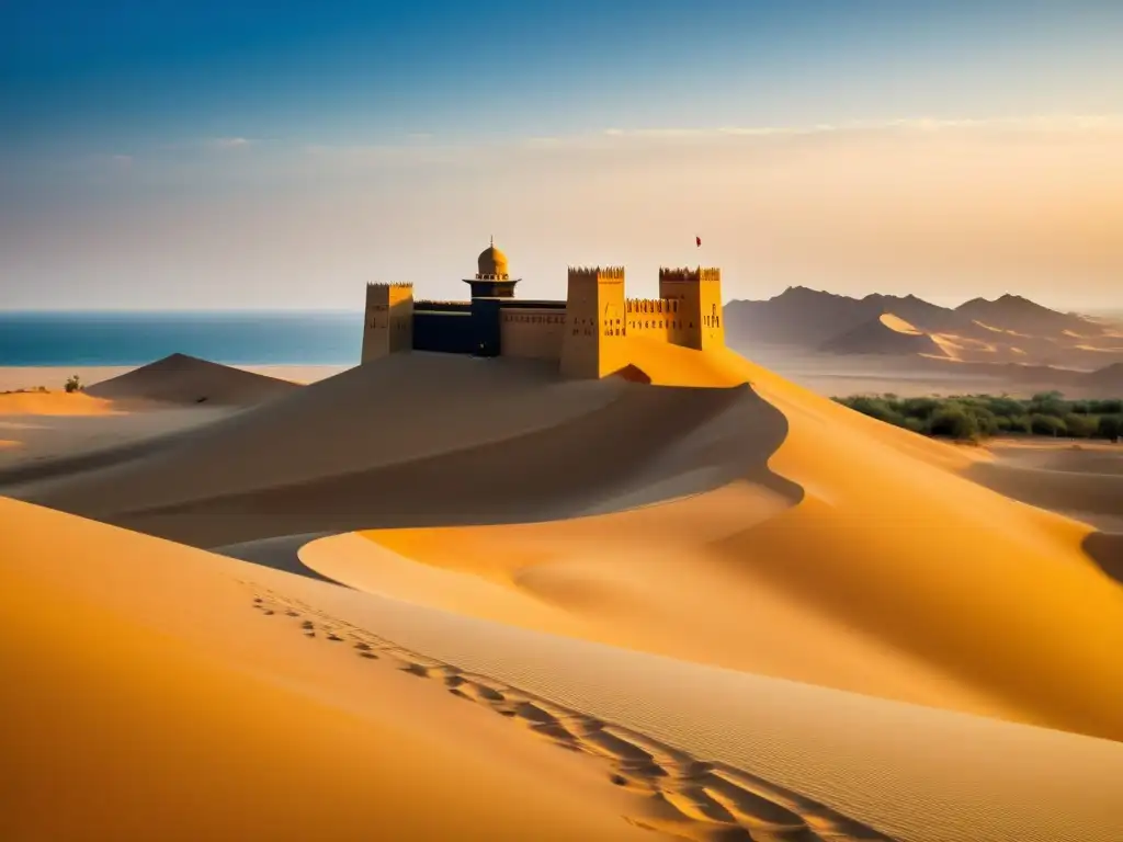 Arquitectura tradicional Qasr Al Sarab: Fortaleza en Abu Dhabi bañada por cálida luz dorada al atardecer, entre dunas de arena ondulante