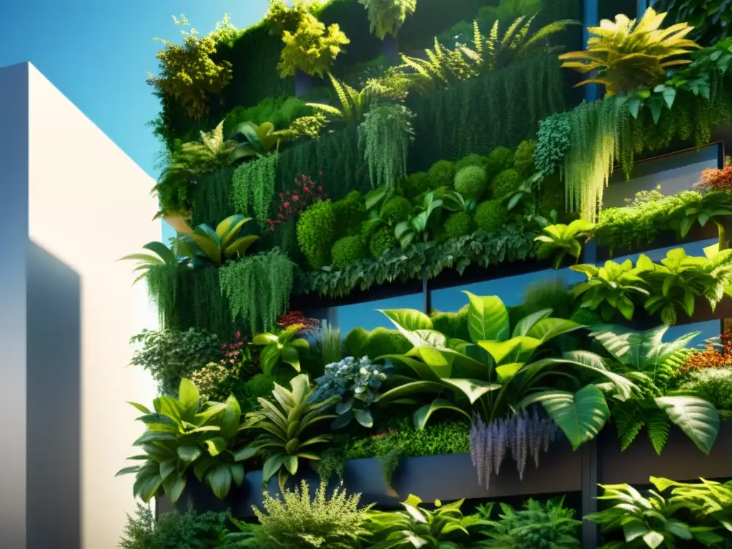 Arquitectura urbana con integración de elementos naturales, como una impresionante pared verde, creando un ambiente biófilo vibrante