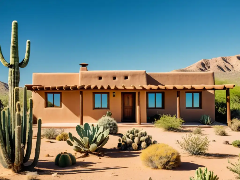 Arquitectura verde en zonas áridas: casa de adobe en el desierto con plantas nativas y cielo azul