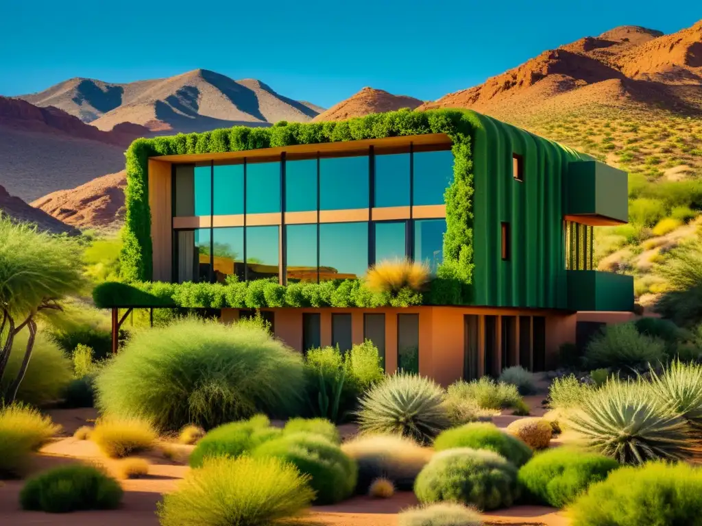 Arquitectura verde en zonas áridas: edificio vintage inspirado en el desierto con abundante vegetación integrada en su diseño biófilo