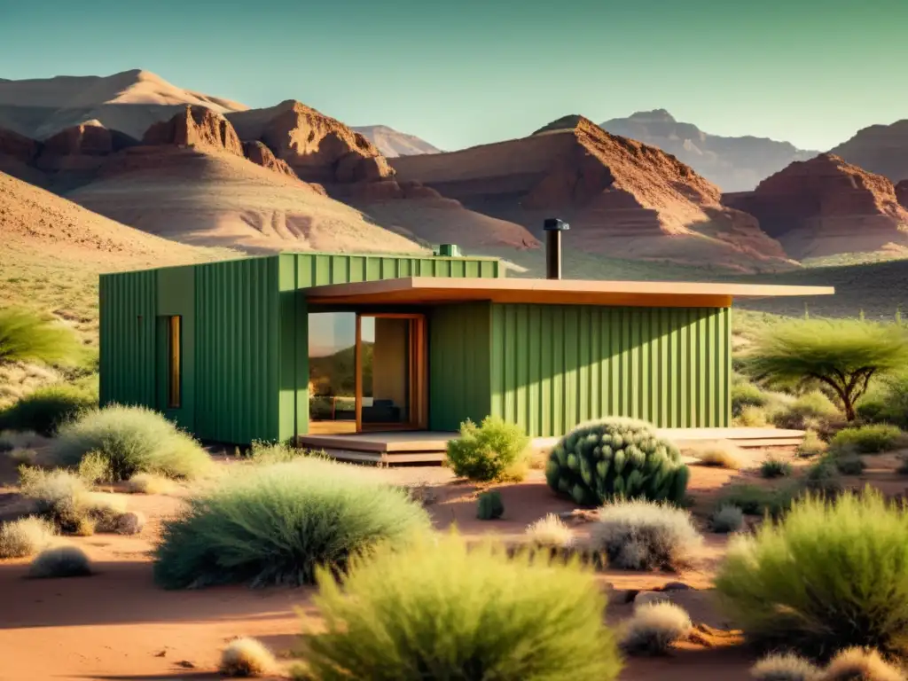 Arquitectura verde en zonas áridas: edificio sostenible integrado en paisaje desértico, armonía y innovación