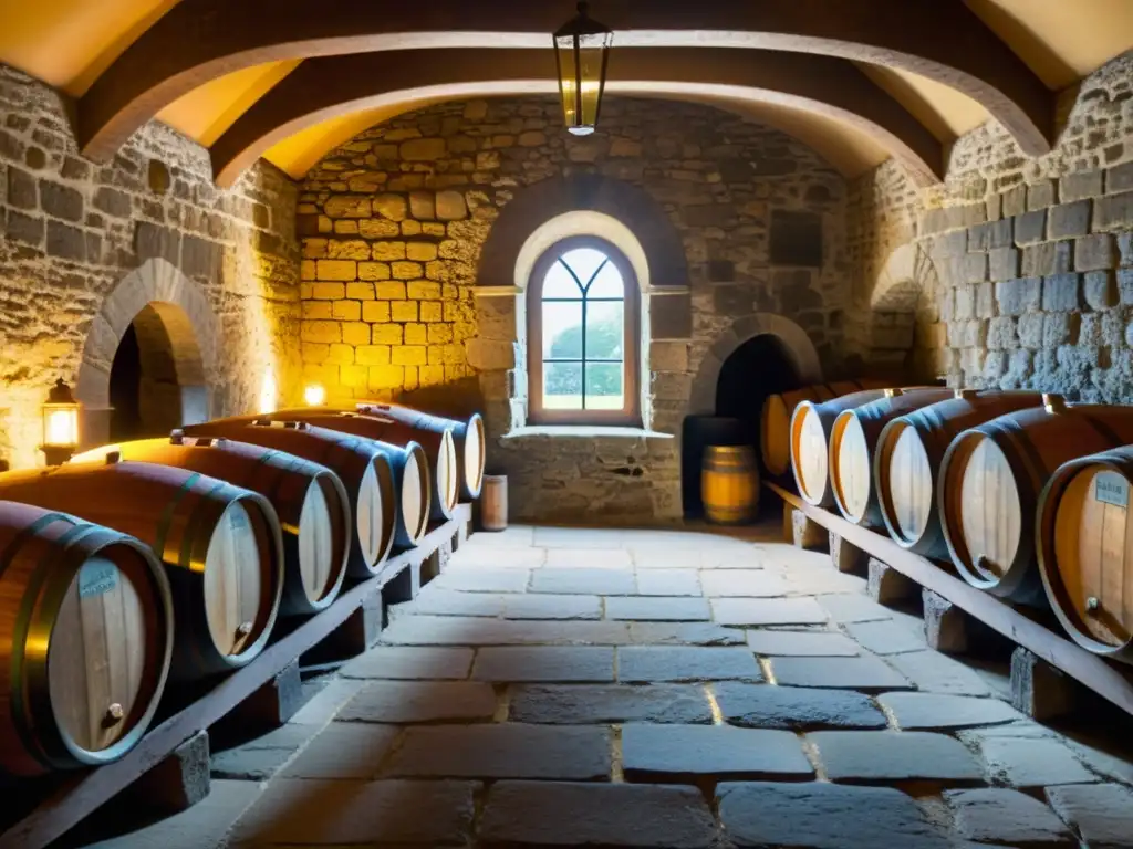 Arquitectura del vino en hoteles: Bodega histórica con barricas de roble, luz dorada, suelo gastado y aroma a vino envejecido