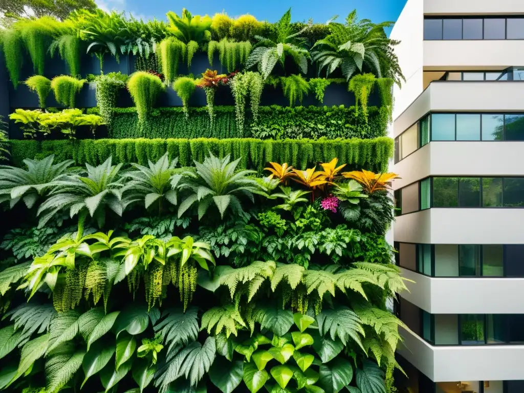 Arquitectura viva jardines verticales: Una exuberante pared de vegetación en contraste con la arquitectura moderna, bañada por la luz del sol