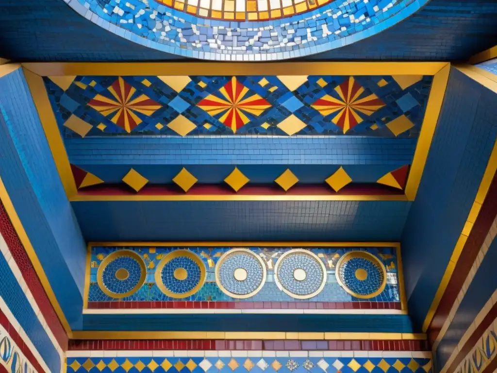 Arte de la bóveda en la antigüedad: Detallado mosaico en baños romanos, con patrones geométricos en azul, oro y rojo, creando un diseño hipnótico