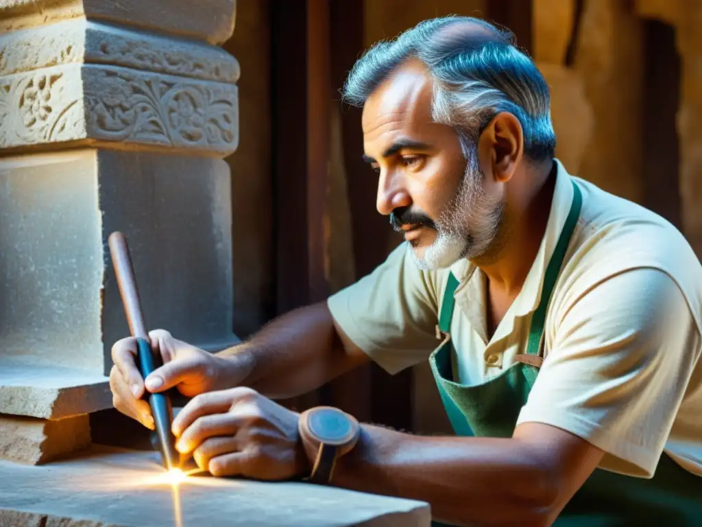 Un artesano restaurando una antigua estructura arquitectónica con técnicas tradicionales y moderna integración tecnológica