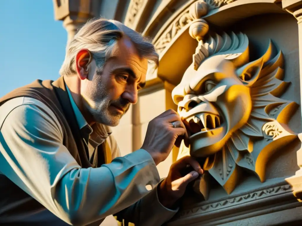 Artesano restaurando gárgola en catedral gótica