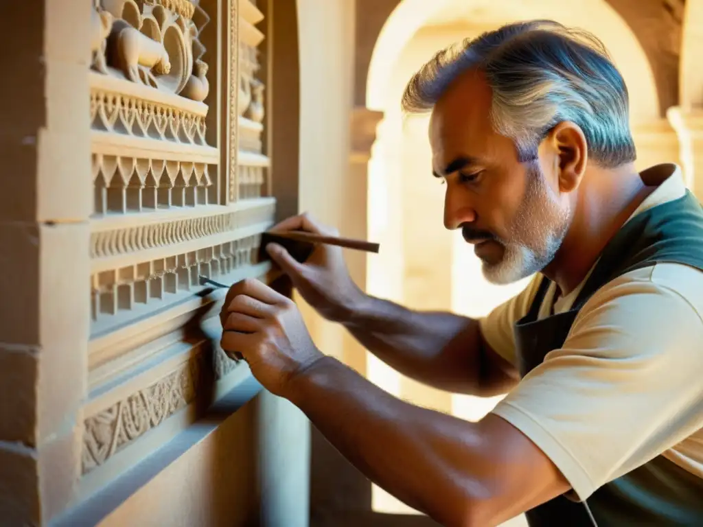 Restauración artesanal: Reviviendo la historia Un artesano restaura con cuidado una antigua obra arquitectónica con herramientas tradicionales