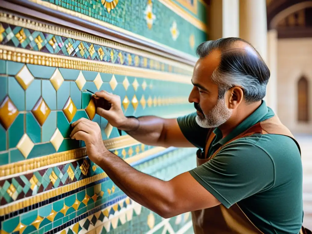 Un artesano aplica con destreza mosaicos handcrafted en una pared histórica