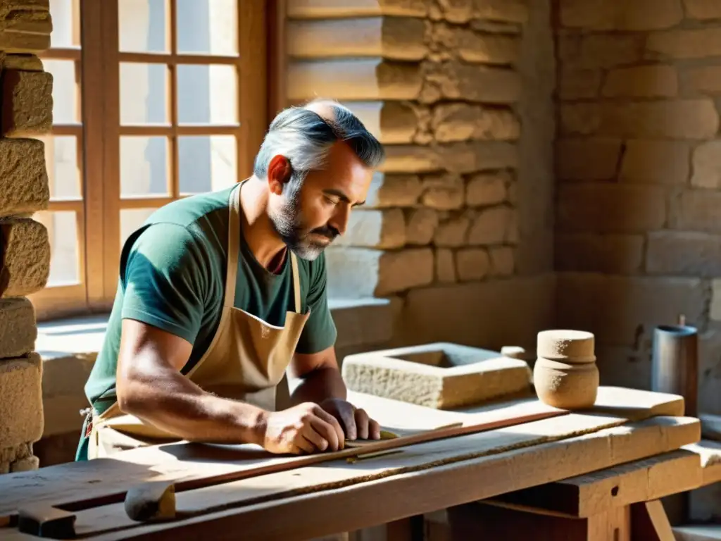 Restauración artesanal de edificio antiguo: detalle y destreza Un artesano restaura detalles arquitectónicos antiguos con técnicas tradicionales
