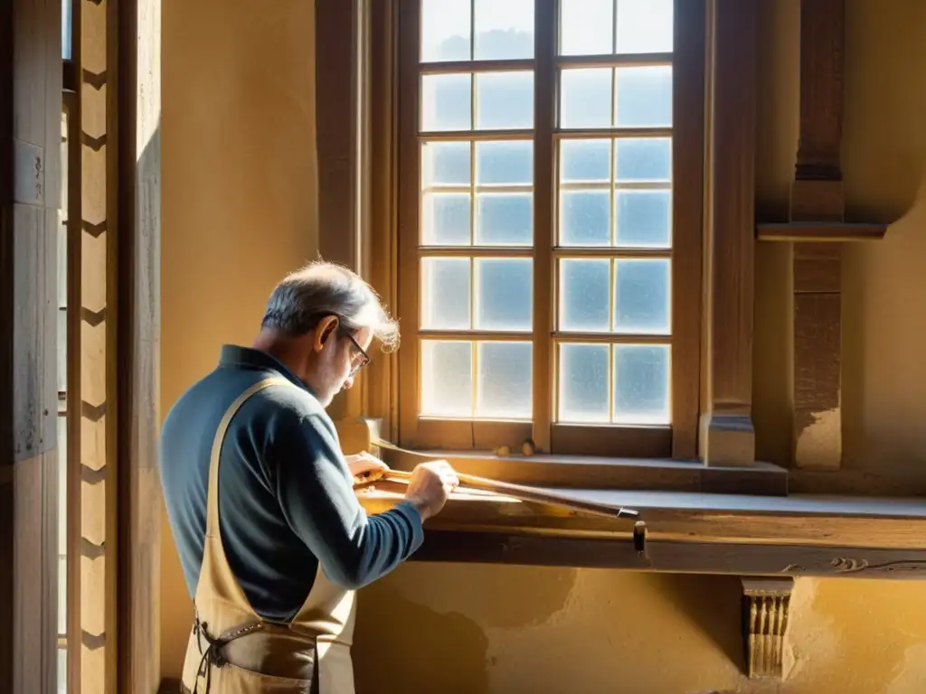Restauración arquitectónica: artesanía y dedicación Artesano restaurando detalles arquitectónicos con herramientas tradicionales en un edificio histórico