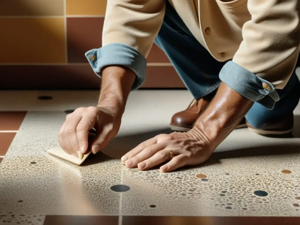 Un artesano experto trabaja con meticulosidad los azulejos de terrazo, resaltando sus patrones e texturas en tonos cálidos y sepia