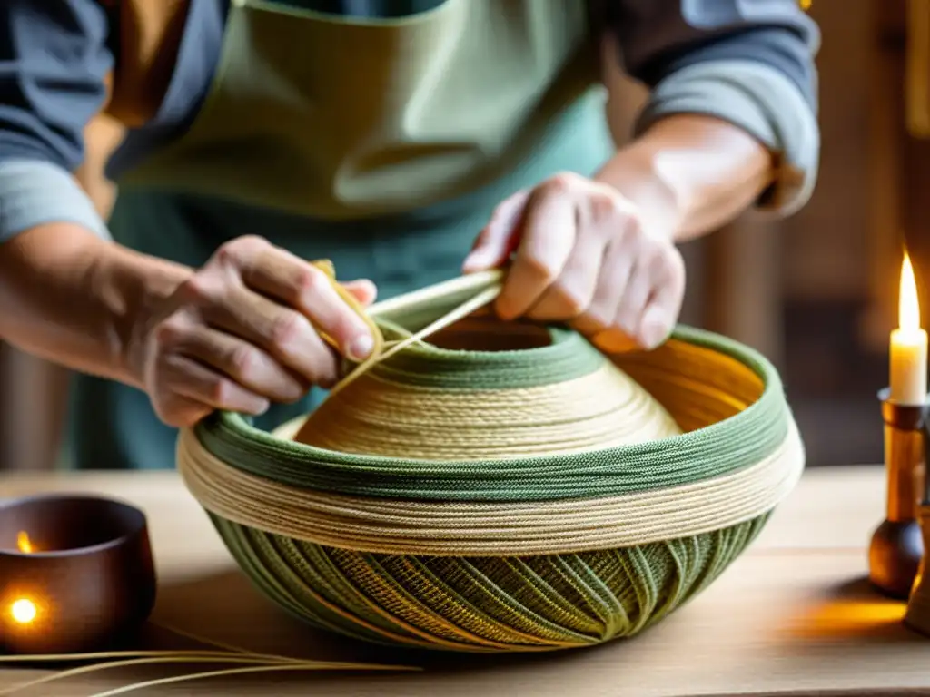 Un artesano teje habilidosamente fibras vegetales doradas, mostrando innovación en fibras vegetales para construcción