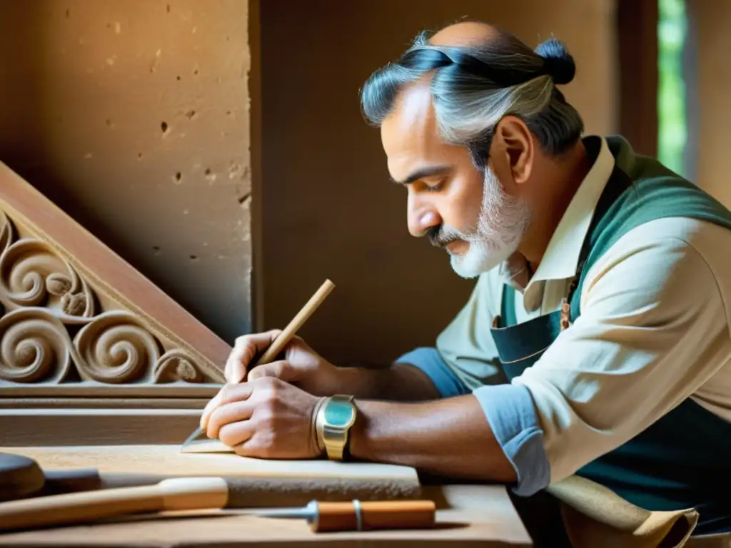 Un artesano restaura con herramientas tradicionales una antigua estructura, mostrando la integración tecnológica en restauración arquitectónica