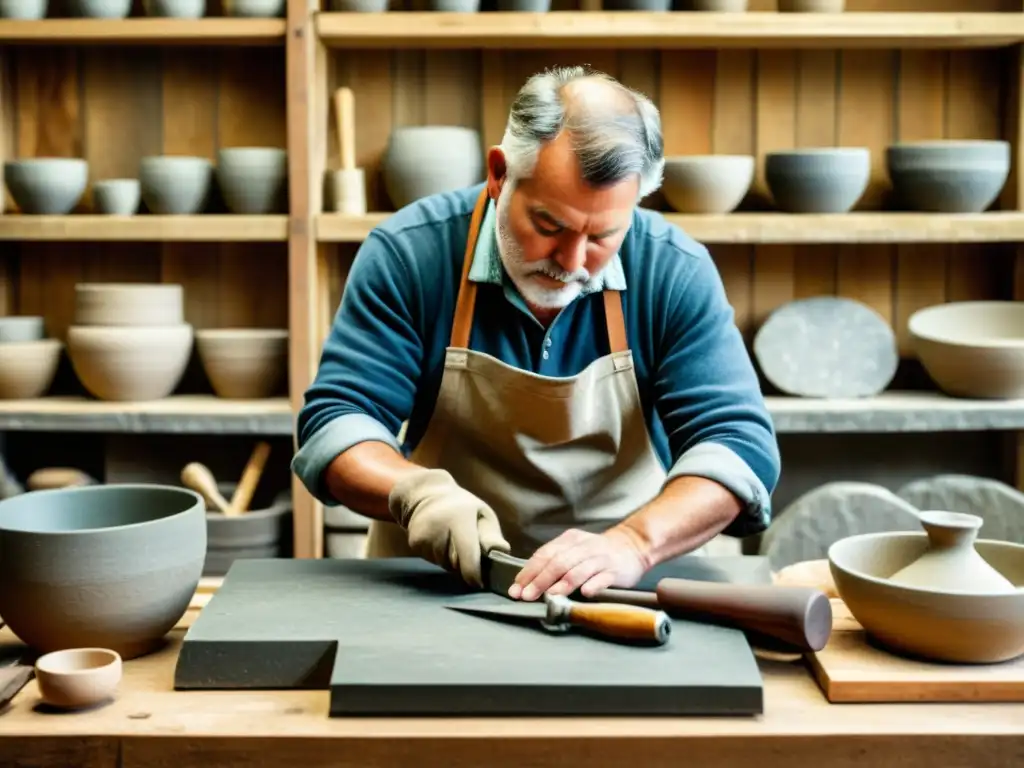 Un artesano trabaja la piedra natural con herramientas manuales en un taller rústico, evocando la tradición y la belleza de la construcción ecológica