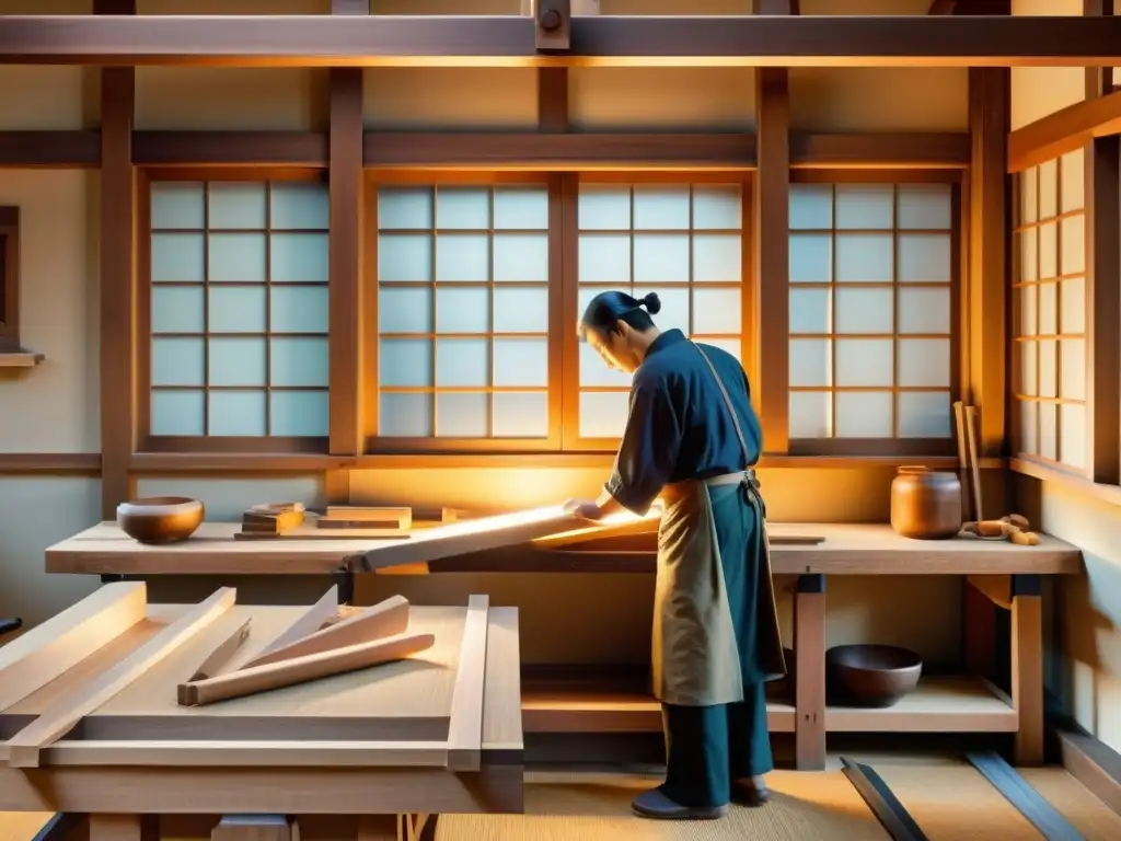 Artesanos japoneses restaurando con técnicas tradicionales la arquitectura antigua de un templo, evocando su dedicación y arte atemporal