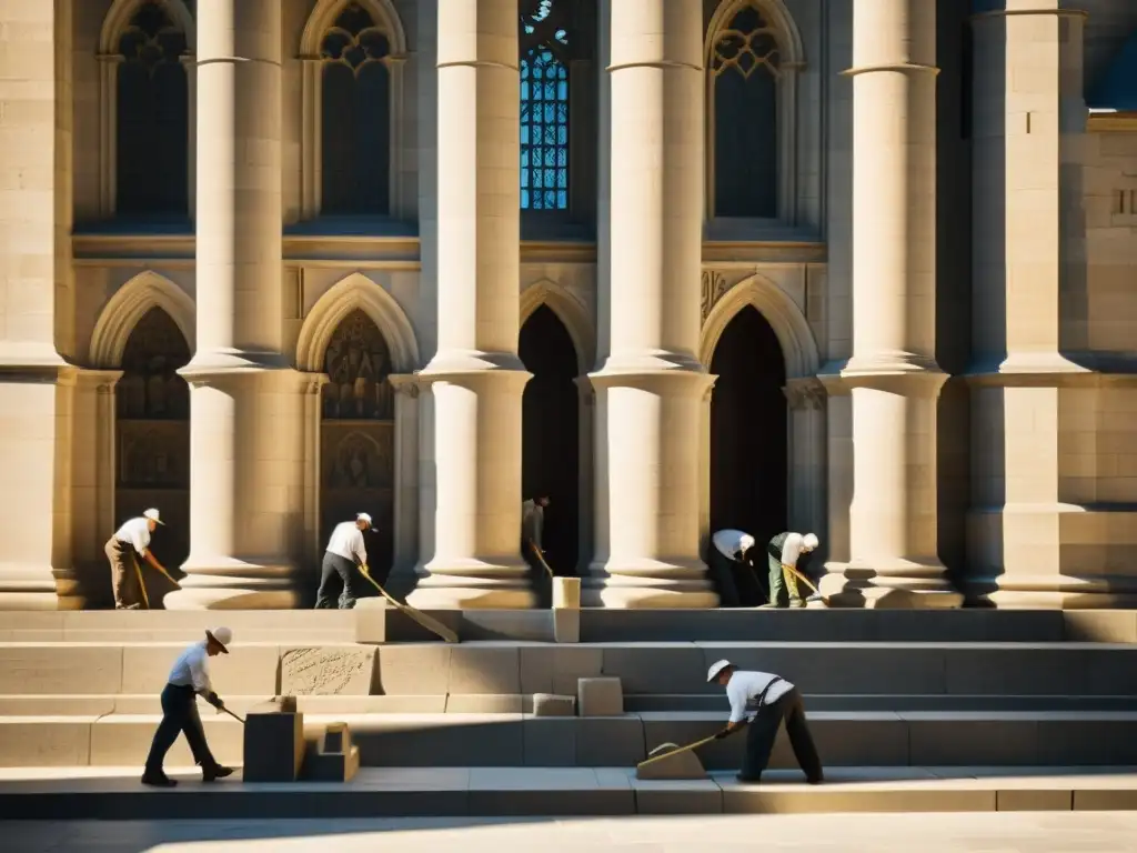 Artífices de la arquitectura gótica trabajando con dedicación en la fachada de la catedral, bañados por la cálida luz solar