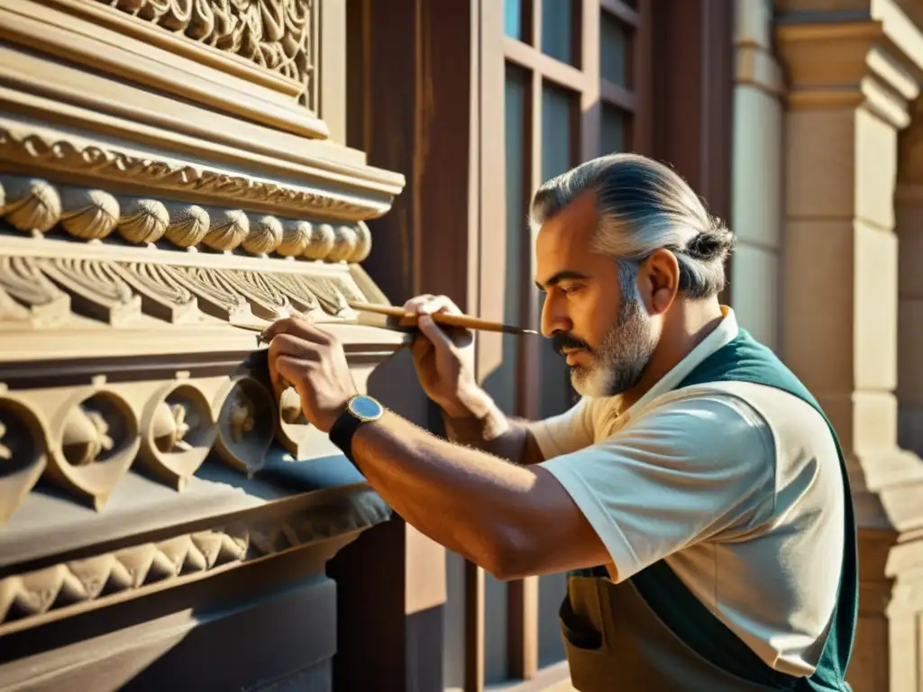 Artista restaurando detalladamente la fachada de un edificio histórico, destacando la integración tecnológica en restauración arquitectónica