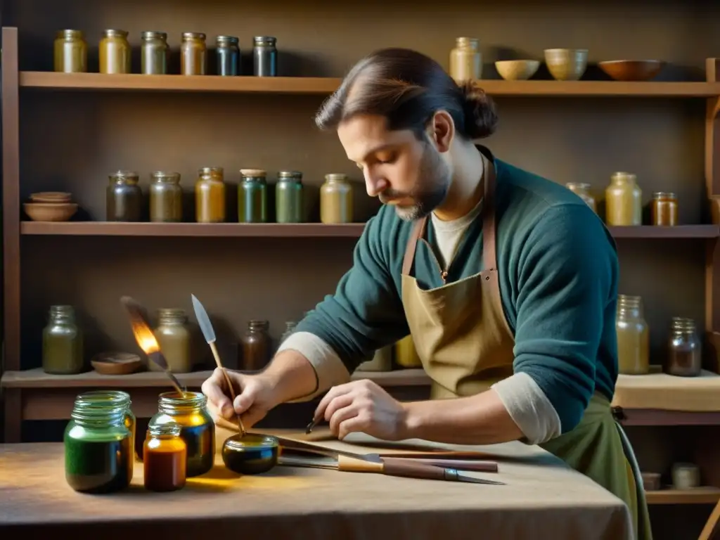 Artista restaurando una pintura renacentista en un estudio atmosférico, enfrentando retos de conservación de obras de renacimiento