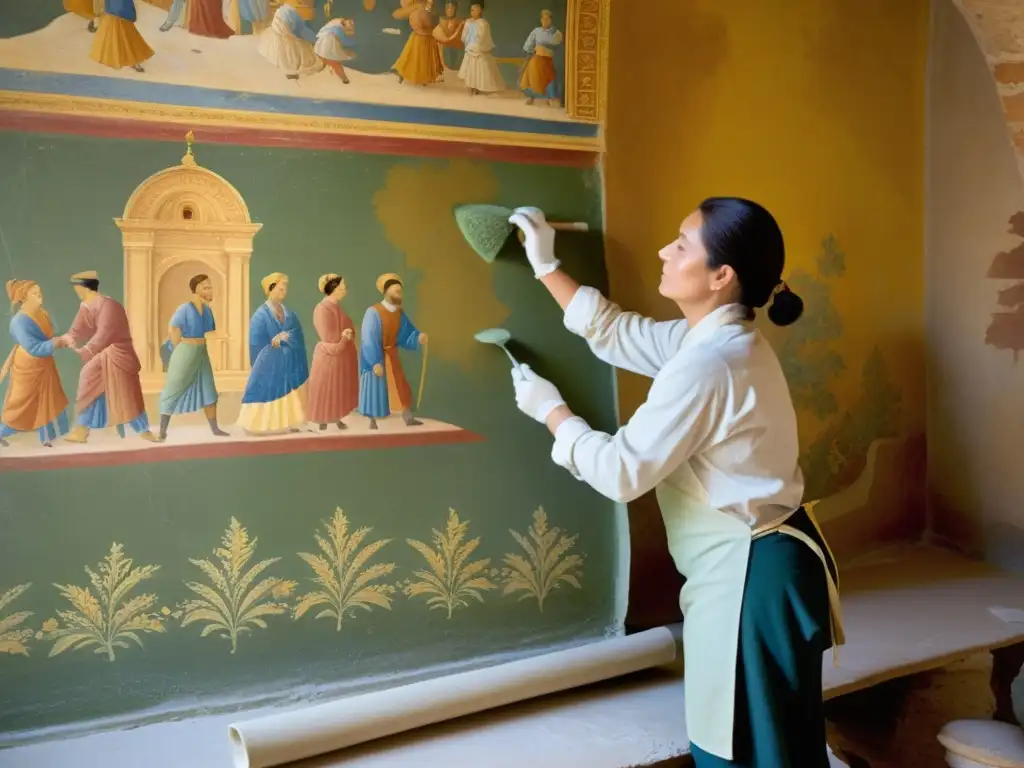 Artistas restaurando frescos con técnicas tradicionales en el Castello di Rivoli, capturando la esencia de la restauración sostenible