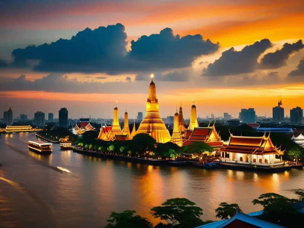 Fotografía vintage de Bangkok al atardecer, reflejando la transformación arquitectónica Tailandia moderna con templos y rascacielos